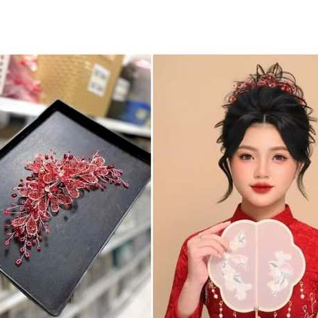 Bờm hoa cài đỏ cô dâu phối lưới xinh HC1037