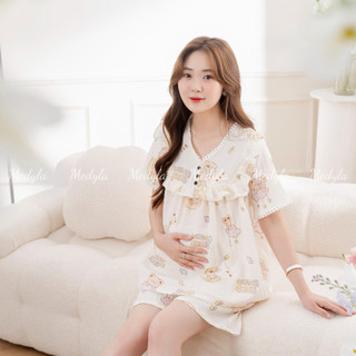  Bộ Đồ Bầu Cổ Viền MEDYLA Họa Tiết Mùa Hè 2025 Mặc Nhà Và Sau Sinh Vải Kẻ Đũi Xốp Cao Cấp - MED020B 