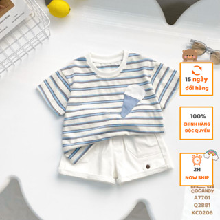 Set cho bé COCANDY -Áo cộc X.NHẠT kẻ phối kem và Váy hoa XANH TRẮNG cổ sen phối ren 2 nơ eo A7701, V4761