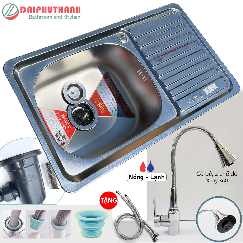 COMBO Chậu Rửa Bát Inox TÂN Á ĐẠI THÀNH Kèm Vòi - Chậu 1 hộc có bàn đủ xi phông, tặng đầu nối ống xả chống hôi