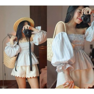 [Bigsize 55-100kg] Áo trễ vai tay bồng kẻ sọc nhẹ nhàng nữ tính