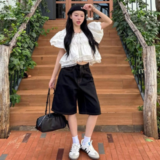 Quần ngố Jeans lửng RINAA, quần short bò ngố wash ống rộng form unisex nam nữ phù hợp đa phong cách