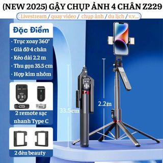 Tripod điện thoại 4 chân cao 2.2m P325, Giá đỡ điện thoại livestream, quay video, chụp ảnh du lịch hợp kim nhôm cao cấp