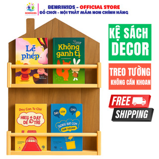  Kệ Sách Treo Tường Hình Mái Nhà 2 Tầng Bằng Gỗ Không Cần Khoan Tường Giá Sách Montessori Benrikids Decor Phòng Cho Bé 