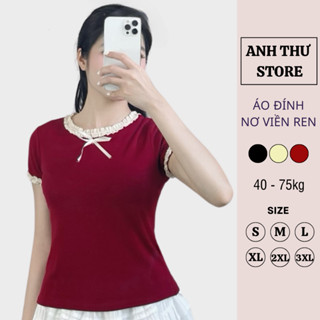  Áo Thun Nữ Cotton Tay Lỡ Đính Nơ Viền Ren BigSize  Áo Phông Nữ Cộc Tay Babytee Chất Liệu Cotton Mix Viền Ren 300 