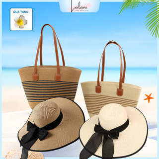 Set mũ cói và túi cói đi biển nơ đen sang chảnh, vành rộng che nắng cực xinh LALANI