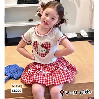 Set hè cho bé, Đồ bộ bé gái, Set áo cổ bèo kitty mix chân váy caro đỏ có lót trong phối ren nơ cho bé 10-30kg, Pam Kids
