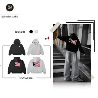 Áo Khoác Hoodie Zip Form Boxy Thêu Xù Three Stars Hình Lá Cờ  Chất Nỉ Bông Không Xù Có Túi Trong Unisex Nam Nữ Menswear