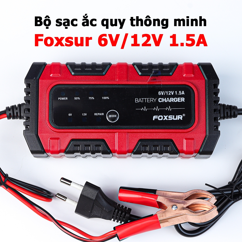 Sạc Bình Ắc Quy FOXSUR 1.5A 6V 12V 4Ah - 30Ah Tự Ngắt Khi Đầy Phục Hồi Ắc Quy Khử Sunfat Chống Ngược