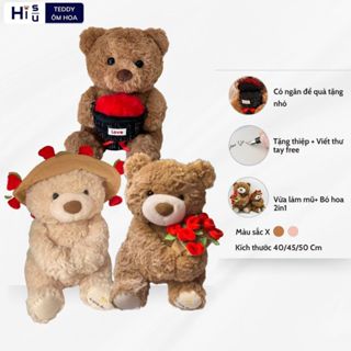 Gấu bông teddy ôm bó hoa hồng đáng yêu, thú nhồi bông teddy lông xù có ngăn để đồ làm quà tặng sinh nhật,valentine