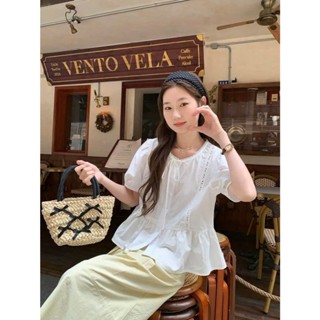 Áo sơ mi ngắn tay babydoll cổ tròn buộc nơ nữ tính, tiểu thư