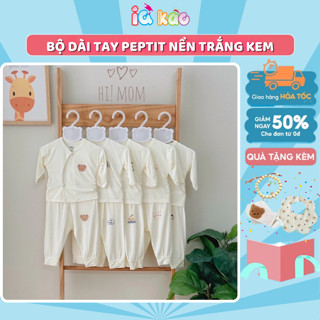 Bộ dài tay Peptit nền kem trắng cúc lệch phong cách Hàn Quốc cho bé size 3-9kg IQKAO