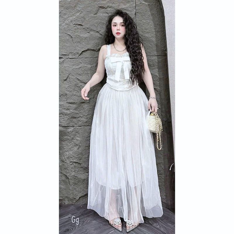 Đầm thiết kế, đầm đi tiệc, váy dự tiệc, váy dài sang trọng Ren phối lưới dáng dài không tay - KHOSI