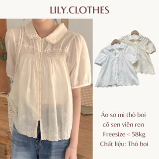 Lily.clothes- Áo sơ mi nữ cộc tay cổ sen mix ren điệu đà chất vải thô boi thêu hoa nhún ngực