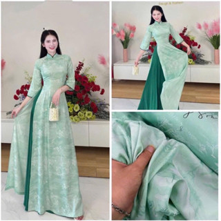 Áo Dài dáng truyền thống gấm phong sơn cao cấp màu xanh ngọc , đỏ đô , Hồng  phấn , trắng cao cấp mới MD 159