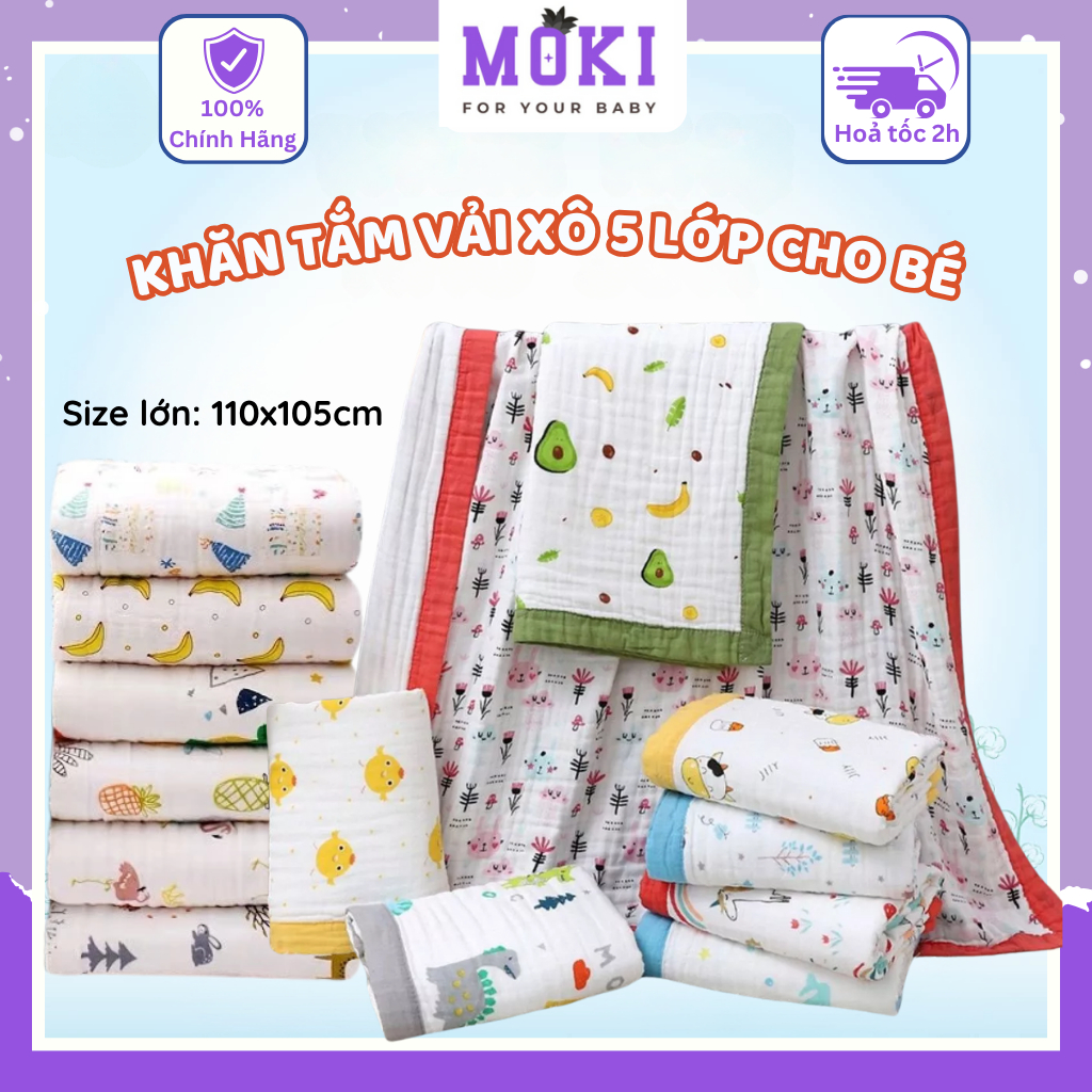 Khăn tắm cho bé sơ sinh vải xô nhăn 5 lớp Khăn Jubon quấn bé mềm mại, size lớn 110 x105cm Moki Store
