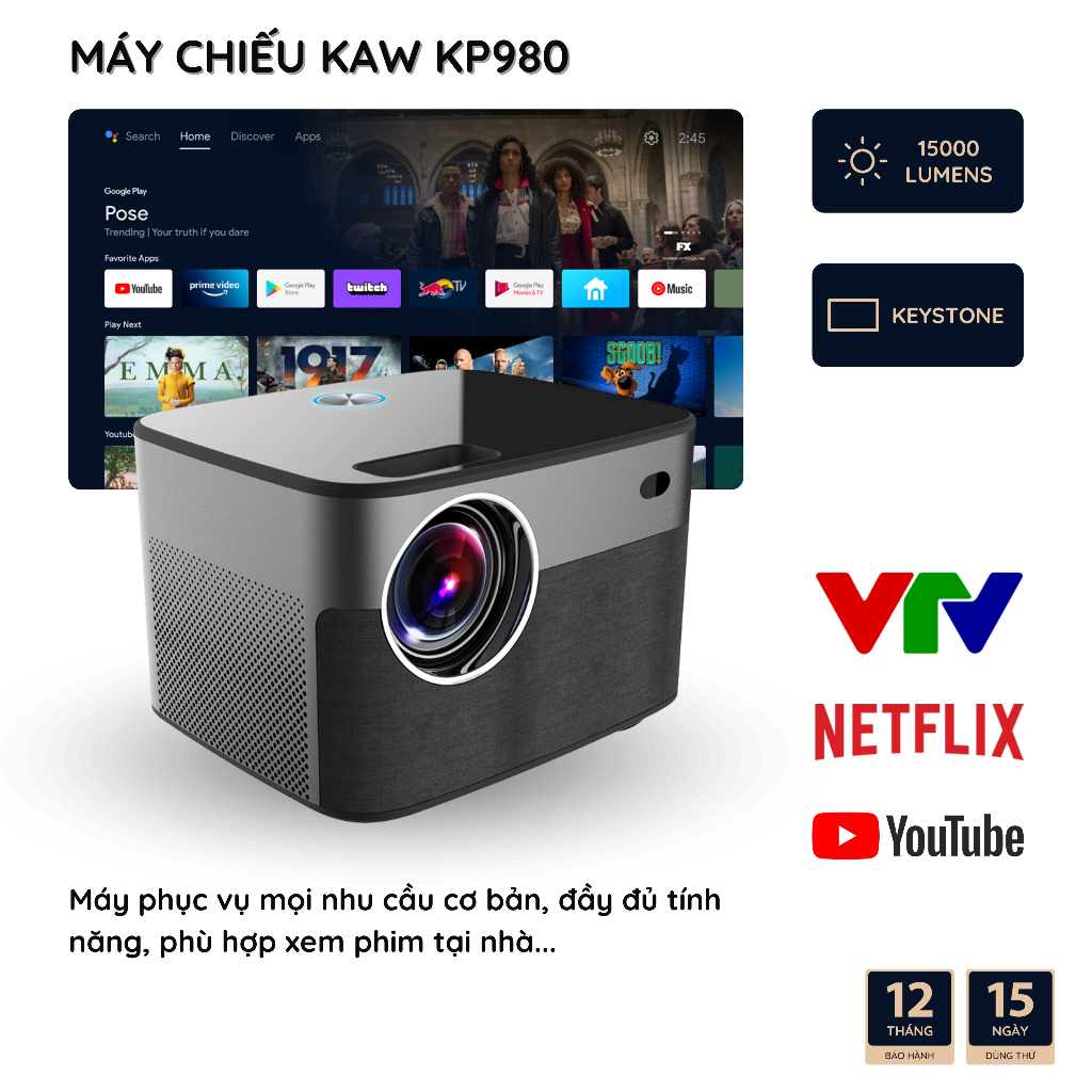 Máy chiếu KAW KP980 - Độ Sáng 15000 Lumens, Hỗ Trợ Độ Phân Giải 4K, Màn Hình 200inch, Bảo Hành 12 Tháng