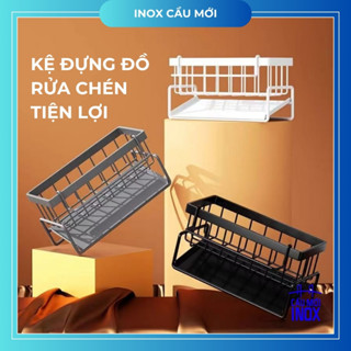 Kệ đựng đồ rửa chén bằng nhựa, bàng thép carbon có khay hứng nước nghiêng, để giẻ lau, nước rửa bát