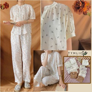  Bộ Mặc Nhà Chất Liệu Muslin Áo Tay Phồng Cổ Trụ Quần Dài Hoạ Tiết Nhiều Màu B504 TYMLIC 
