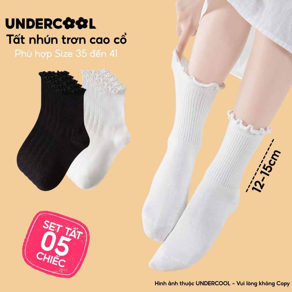 Combo 5 Đôi Tất Vớ Cổ Cao Nữ Bèo Nhún UNDERCOOL Cotton Trơn - Vớ chân Chất Cotton Êm Ái, Dày Dặn Mềm, Thoáng Khí CB-TC68