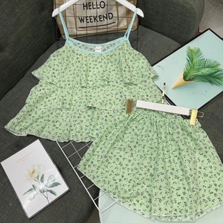 Bộ đồ ngủ nữ 2 dây hoa lụa mặc nhà mềm mát pijama dáng rộng kèm quần short lưng thun dễ thương CARY
