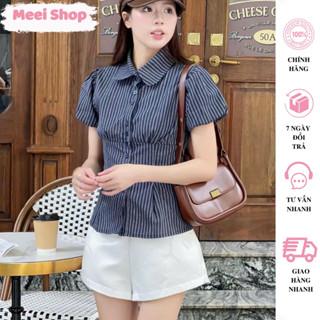 Áo Sơ Mi Kiểu Babydoll Tay Bồng Chiết Eo Kẻ Sọc Nhiều Màu MEEI SHOP, Sơ Mi Nữ Kiểu Vintage-A243