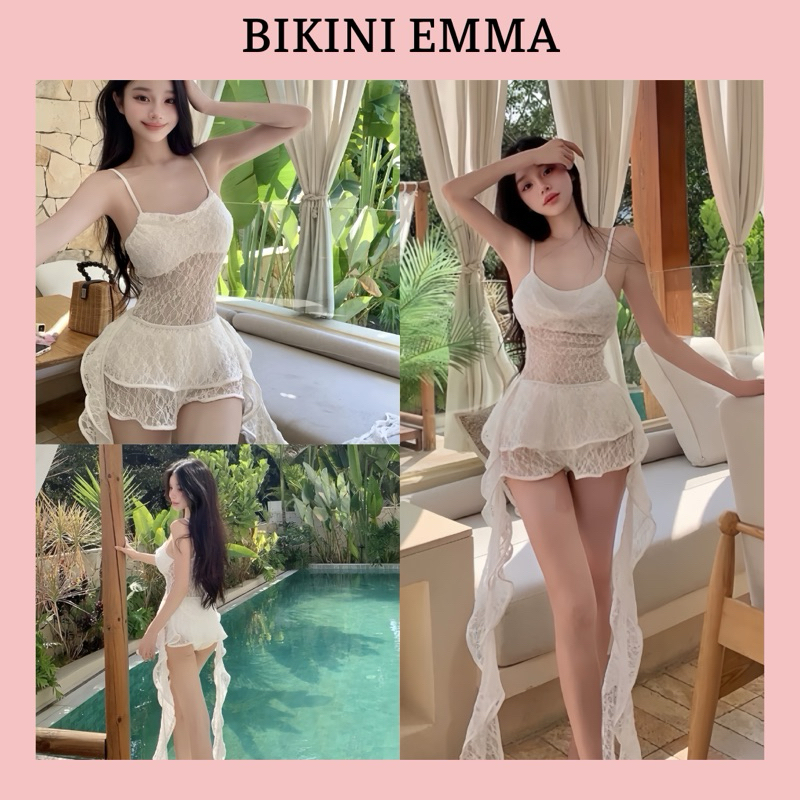 BIKINI EMMA Bikini 2 Mảnh Jumpsuit Ren Có Mút Đệm, Chân Váy Ren Tua Rua Dài