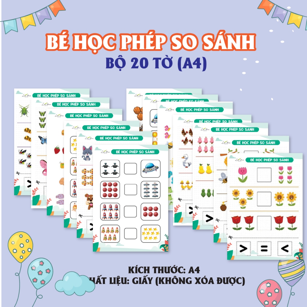 Phép toán lớn nhỏ tư duy toán học bộ gồm 20 tờ được làm bằng giấy a4 in màu