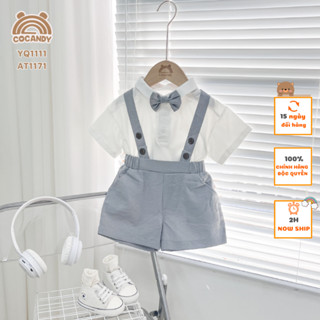 Set cho bé COCANDY -Yếm quần công tử GHI kèm nơ và Áo CỘC thun trắng có cổ YQ1111, A7691
