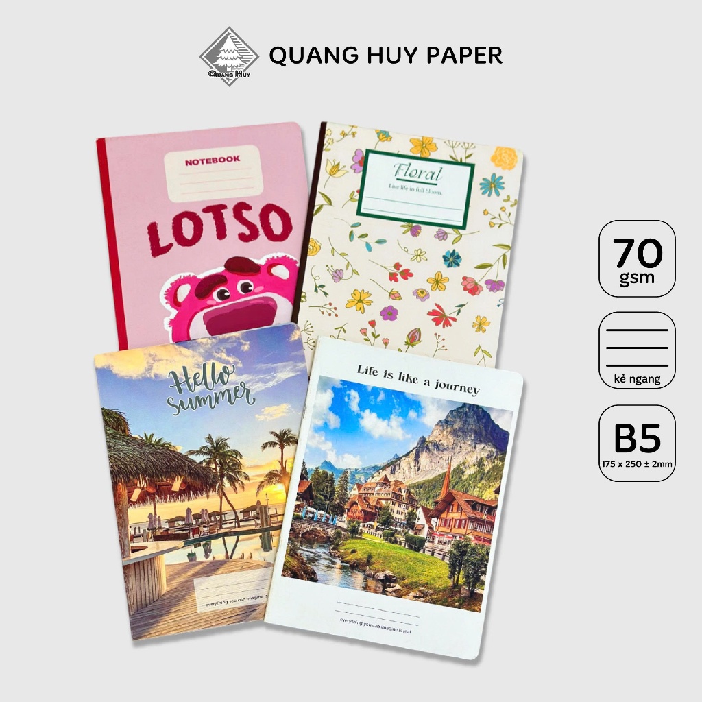 Combo 10 Quyển Vở 72 Trang - Vở Kẻ Ngang QUANG HUY - Vở Học Sinh Ghi Chép Tài Liệu Đủ Mẫu