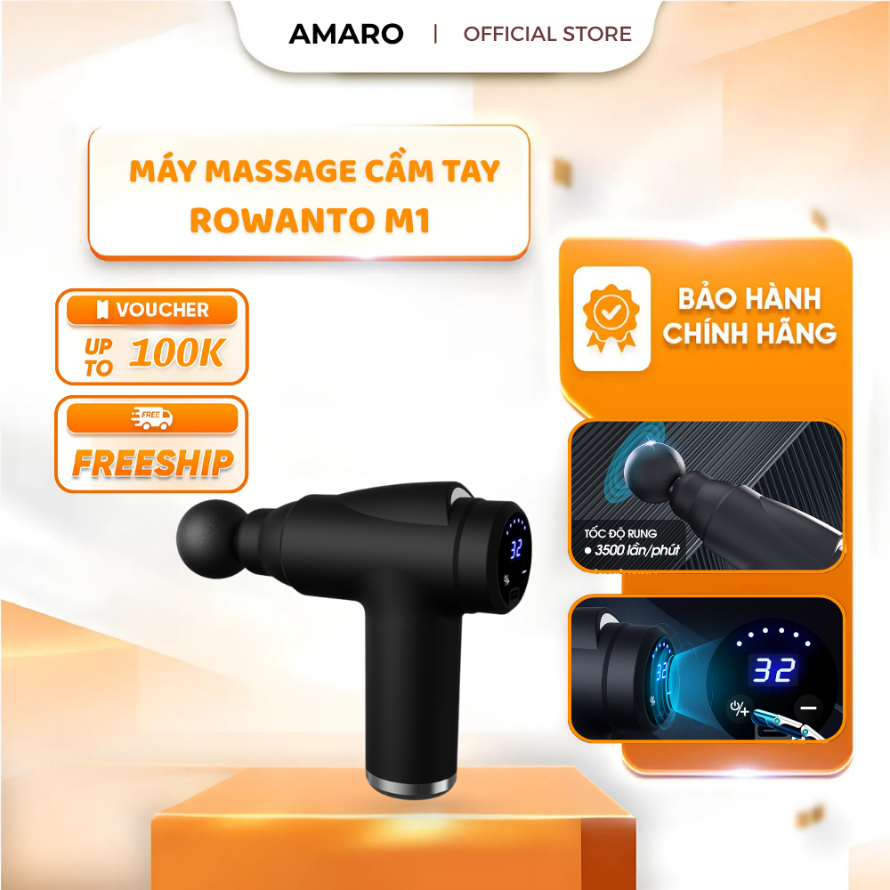 Súng massage cầm tay Rowanto M1, 4 đầu massage, 32 tốc độ, massage chuyên sâu, bảo hành chính hãng