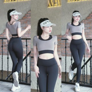 Set đồ tập gym yoga nữ D27 – Áo croptop phối màu kèm mút, quần dài chất thun co giãn hot trend
