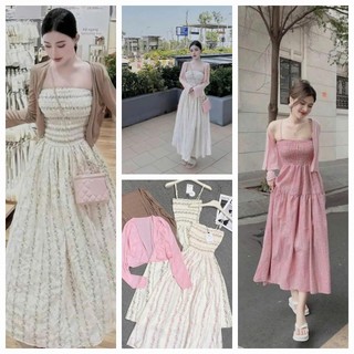 Set đầm khoác - Đầm 2 dây caro hồng màu pastel khoác ngoài thun borip dành cho nàng bánh bèo, tiểu thư Shopngoo fashion