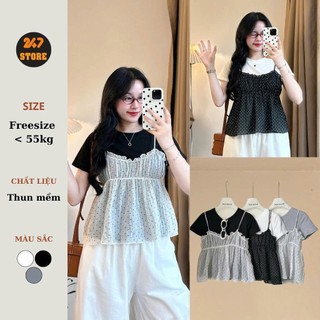  Set Áo Phông Trắng Mix Yếm Bèo Chấm Bi  247store Nữ Tính Dễ Thương 