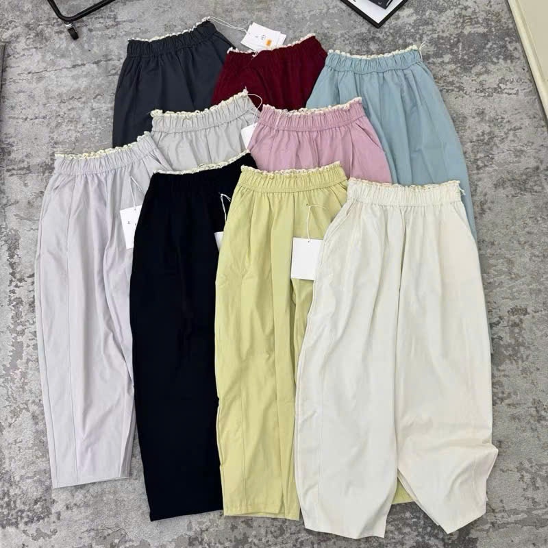 quần baggy nữ dáng bom thụng rộng  vải kaki gió   lụa phối ren cạp0001