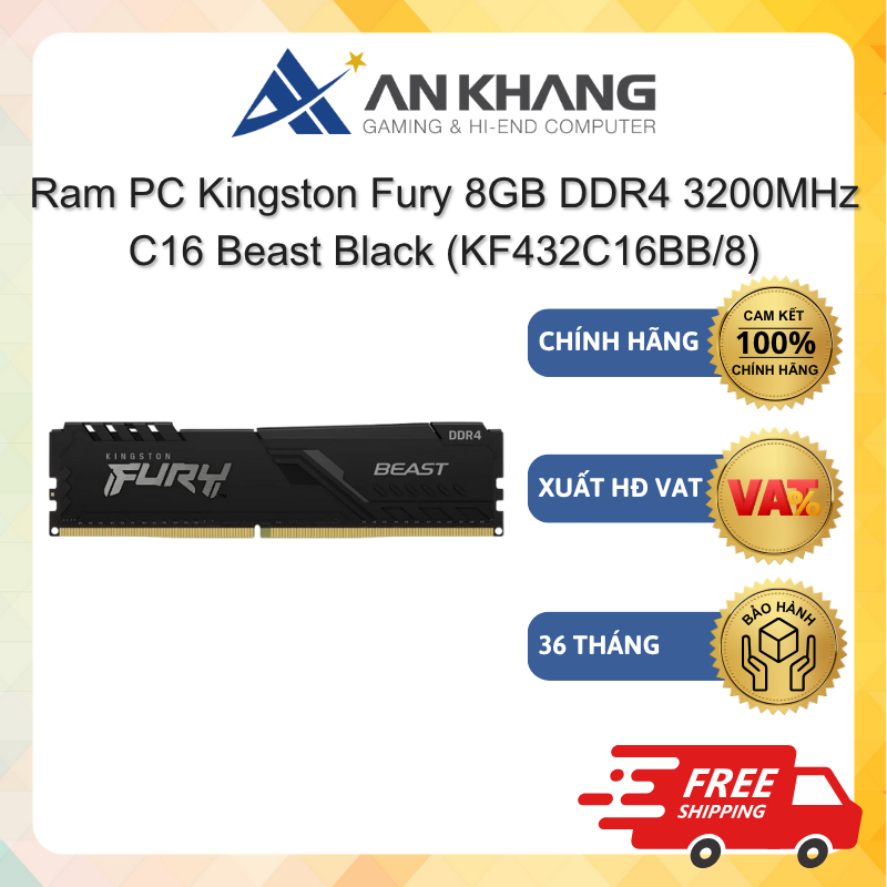 Ram PC Kingston Fury 8GB DDR4 3200MHz C16 Beast Black (KF432C16BB/8) RADTKT058 Chính hãng Bảo hành 3