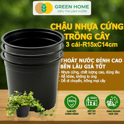 Bộ 3 Chậu Trồng Cây GreenHome, 15x14cm, Nhựa Cứng, Thoát Nước Tốt, Nhiều Kích Thước Trồng Kiểng Lá
