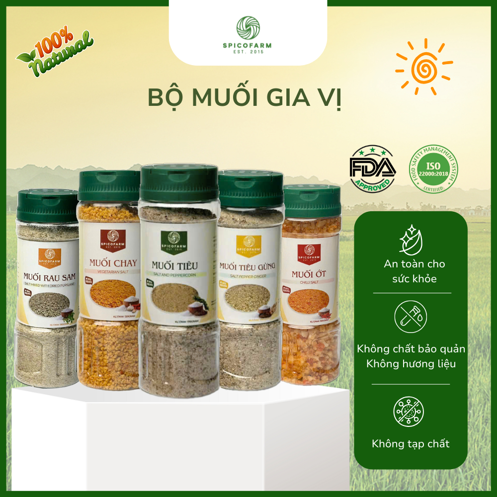Bộ Muối Gia Vị Spicofarm - Đậm Đà Chuẩn Vị Việt: Muối Tiêu, Muối Tiêu Gừng, Muối Ớt, Muối Chay, Muối