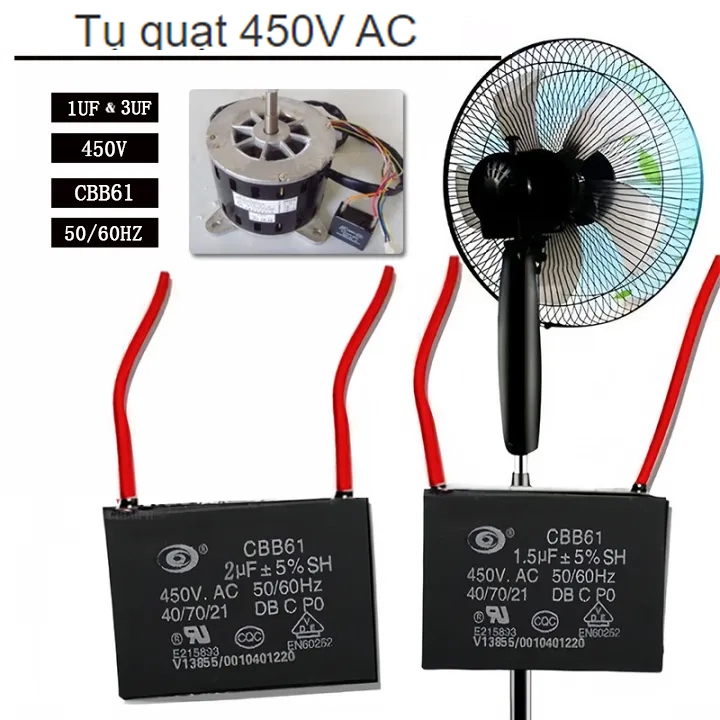 3PCS Tụ quạt 450V AC 1uF 1,5uF 2uF 2,5uF 3uF Tụ Khởi động quạt Loại Tốt