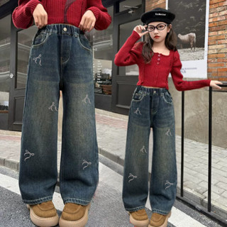 Quần jeans cho bé gái , quần bò dáng ống suông thêu nơ từ 15kg-45kg Long Kids QD12