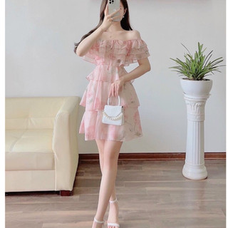 *Đầm nữ mặc đi chơi chất lụa hoa trễ vai xép 3 tần xinh xắn dễ thương