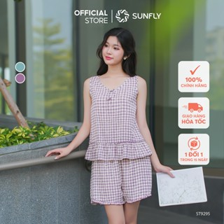 Đồ bộ mặc nhà nữ thô đũi SUNFLY áo sát nách quần sooc ST9295