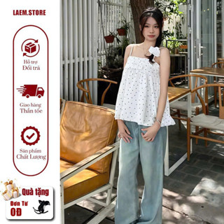 Áo kiểu 2 dây chấm bi phong cách nhẹ nhàng Hàn Quốc, Áo babydoll A02 chấm bi dáng xòe có nơ ngực cho nữ