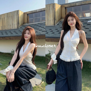 Áo Sơ Mi Cổ Yếm Viền Ren Nhún Bèo Cổ V Ulzzang Tiểu Thư Đi Chơi Biển A366