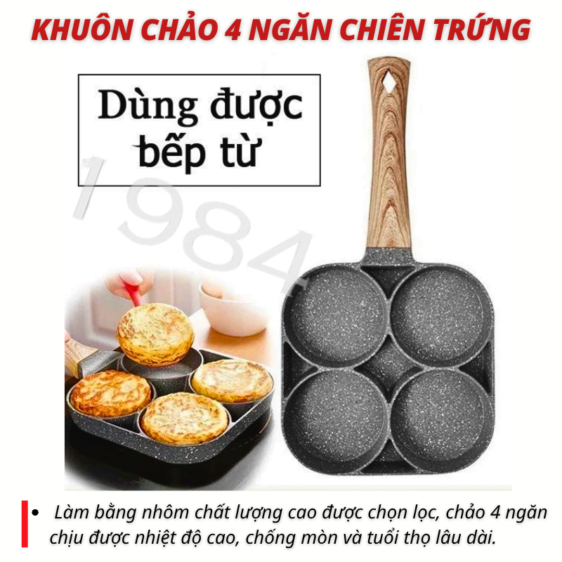 Chảo Chiên Trứng 4 Ngăn Vân Đá Chống Dính Cao Cấp, Dùng Cho Mọi Loại Bếp