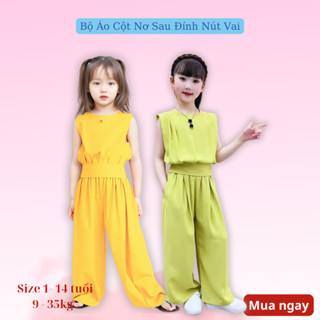  Quần áo bé gái - Áo cột nơ sau đính nút 2 bên vai kèm quần lưng thun ống rộng cho bé 9kg đến 35kg 