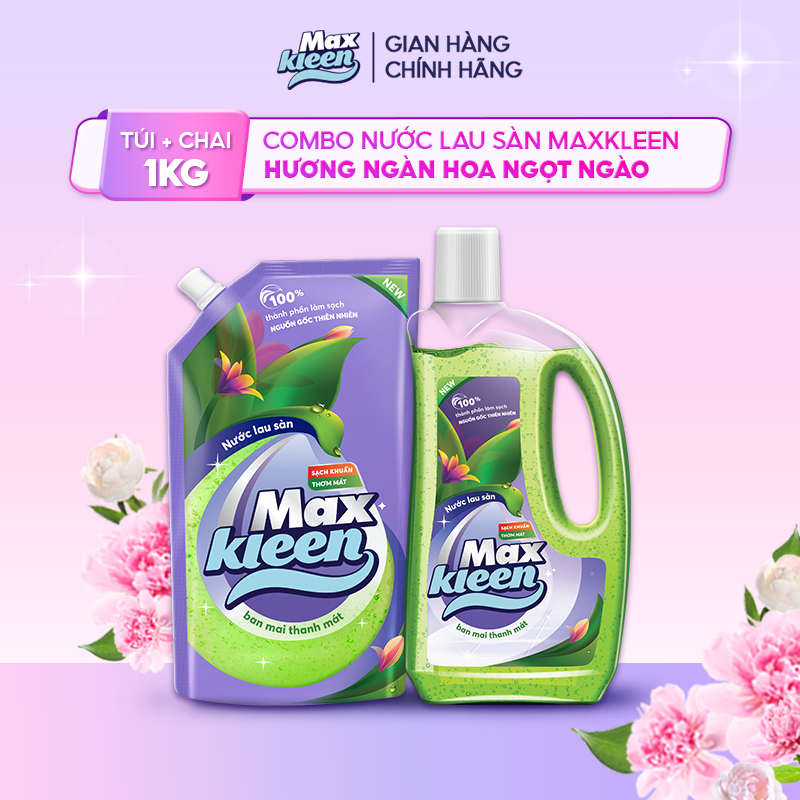 Combo Nước Lau Sàn MaxKleen Hương Ngàn Hoa Ngọt Ngào: Chai 1kg + Túi 1kg