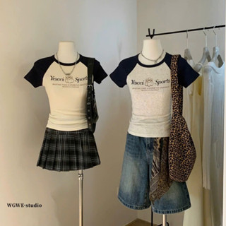 [WGWE] Áo thun raglan dáng ngắn cổ tròn wg.we phong cách retro dành cho nữ W5126