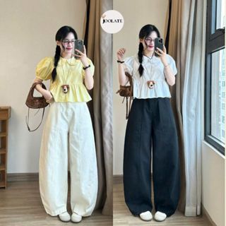 Quần Kaki nữ ống rộng basic form suông có chun lưng sau Size S M 2 màu đen/trắng