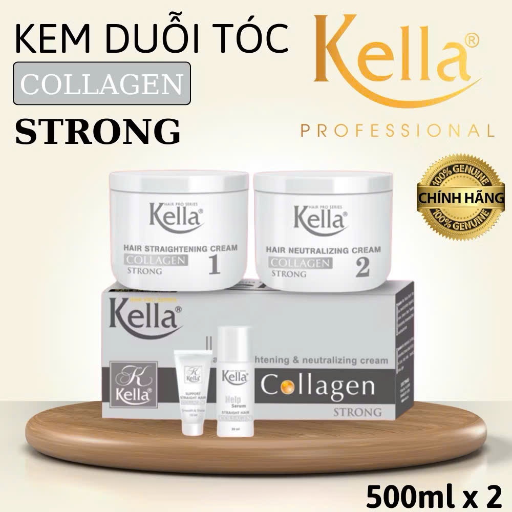 Thuốc Duỗi Tóc KELLA-Thuốc Ép Tóc Kella Collagen Strong Trắng , Chính Hãng Công Ty , 500ml x 2 .